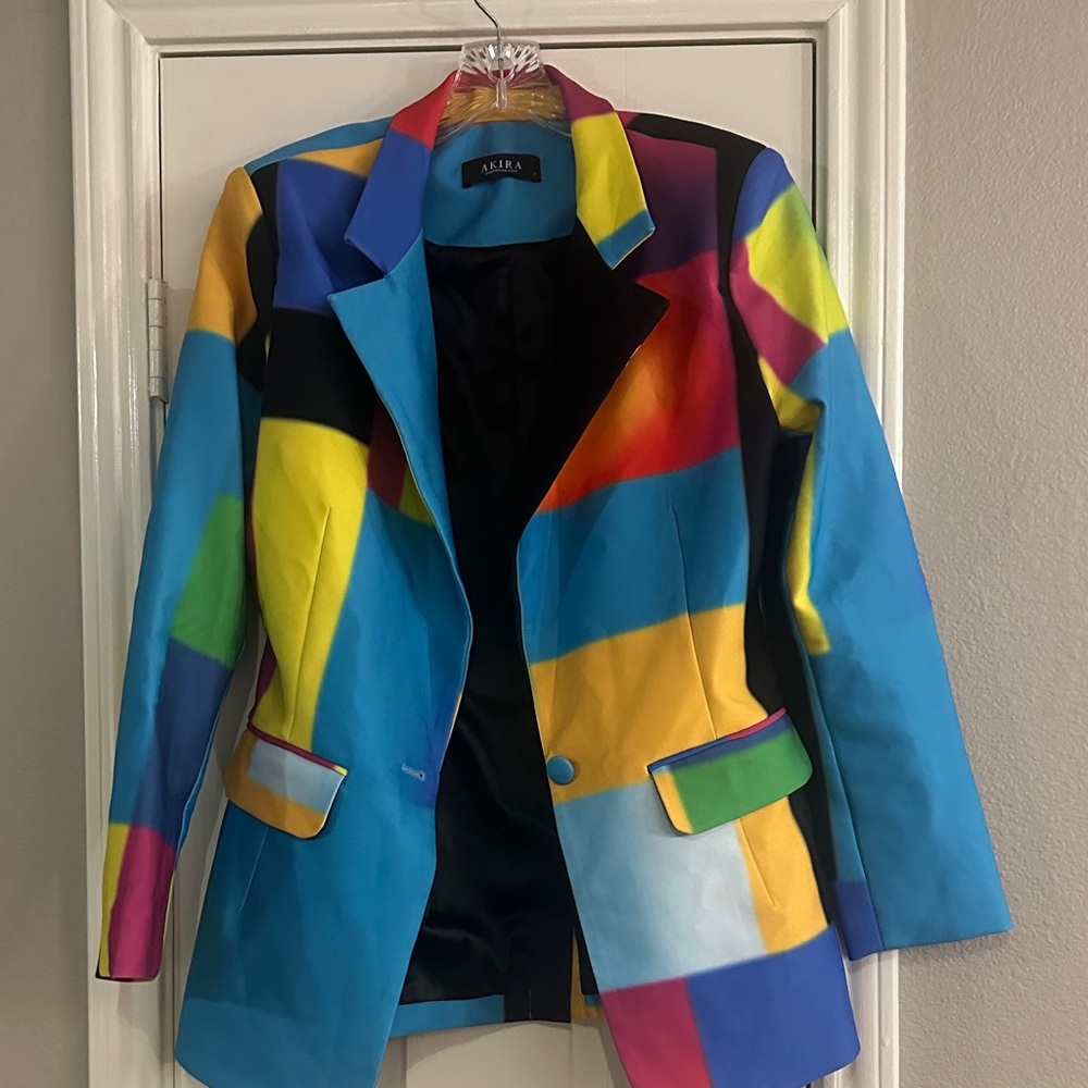 AKIRA Blue Multicolor Block Blazer Jacket